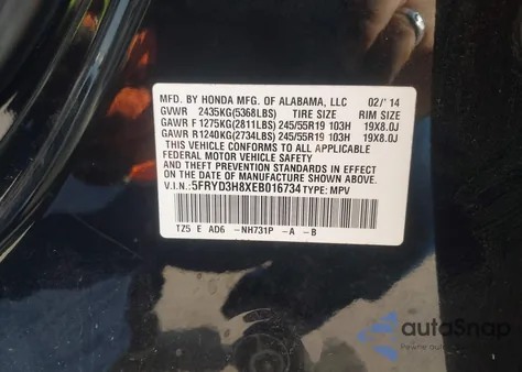 2014 Acura Mdx Advance Pkg W/Entertainment Pkg from USA, damaged, VIN 5FRYD3H8XEB016734